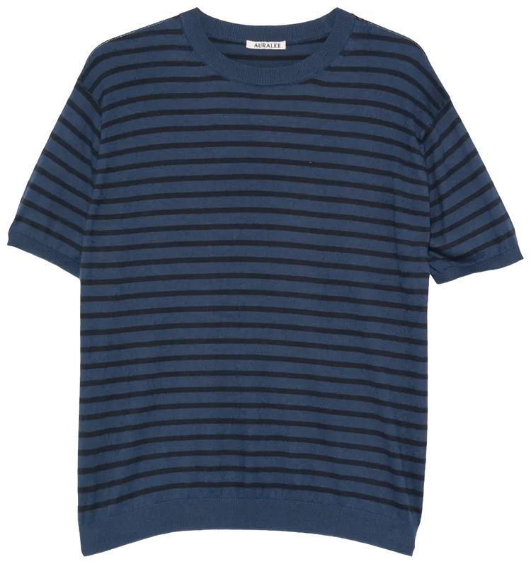 Auralee High Gauge Cotton Knit Tee Navy Stripe