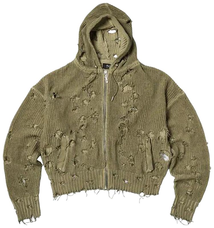 Thug Club Destroyed Knit Zip Up Hoodie Beige