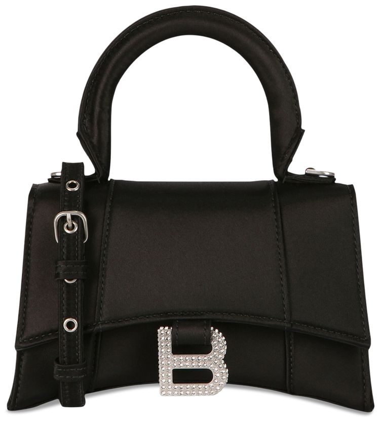 Balenciaga XS Hourglass Top Handle Bag In SatinStrass Black