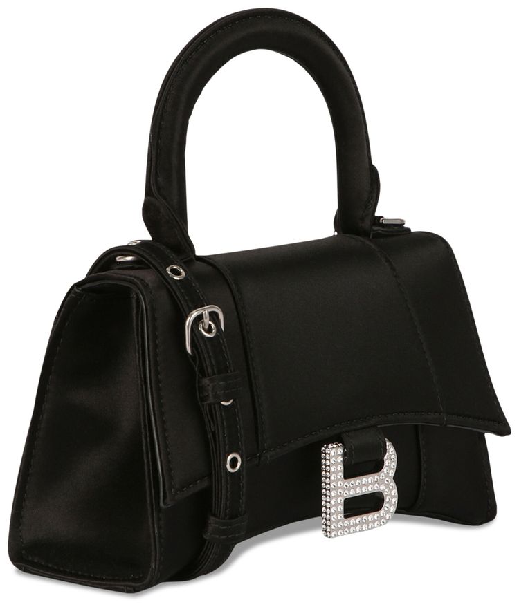 Balenciaga XS Hourglass Top Handle Bag In SatinStrass Black