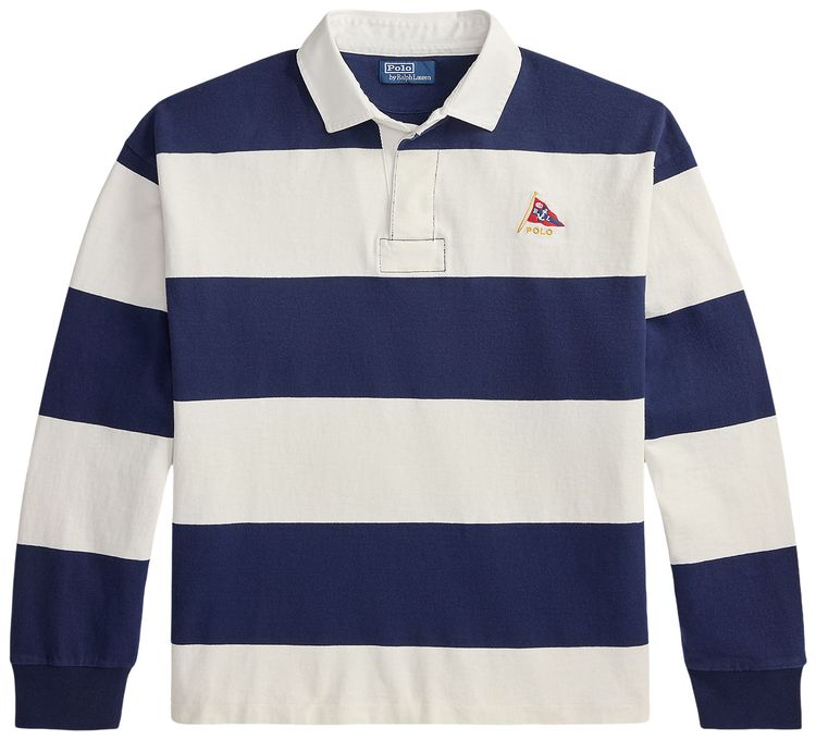 Polo Ralph Lauren Original Label Long Sleeve Ultra Lightweight Striped Pennant Rugby Polo Newport NavyDeckwash White