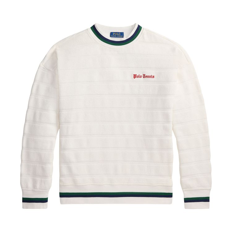 Polo Ralph Lauren Long Sleeve Yarn Dyed Textured Bar Stripe Polo Tennis Pullover White