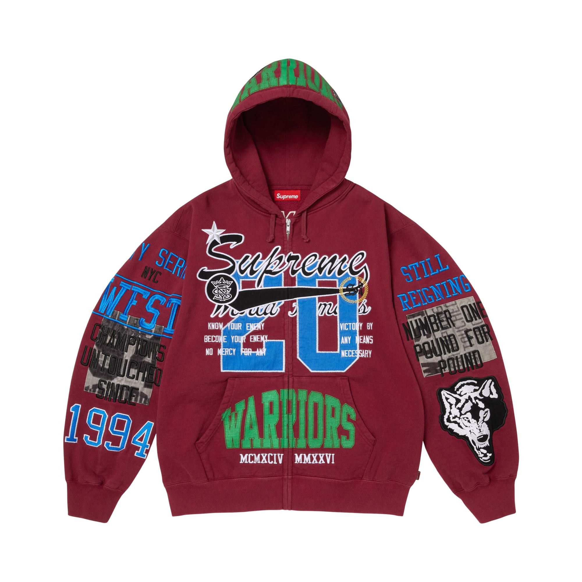 Buy Supreme Warriors Appliqué Zip Up Hooded Sweatshirt 'Cardinal