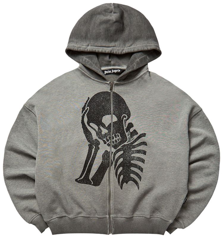 Palm Angels Skull Zipped Loose Hoodie Melange GreyBlack
