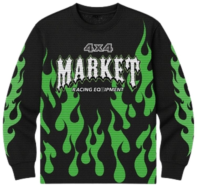 Market Toxic Flames Long Sleeve Mesh Top BlackGreen