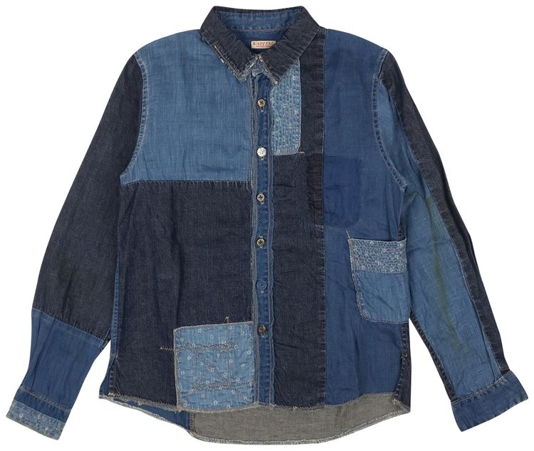 Kapital Patchwork Linen And Cotton Chambray Shirt Blue