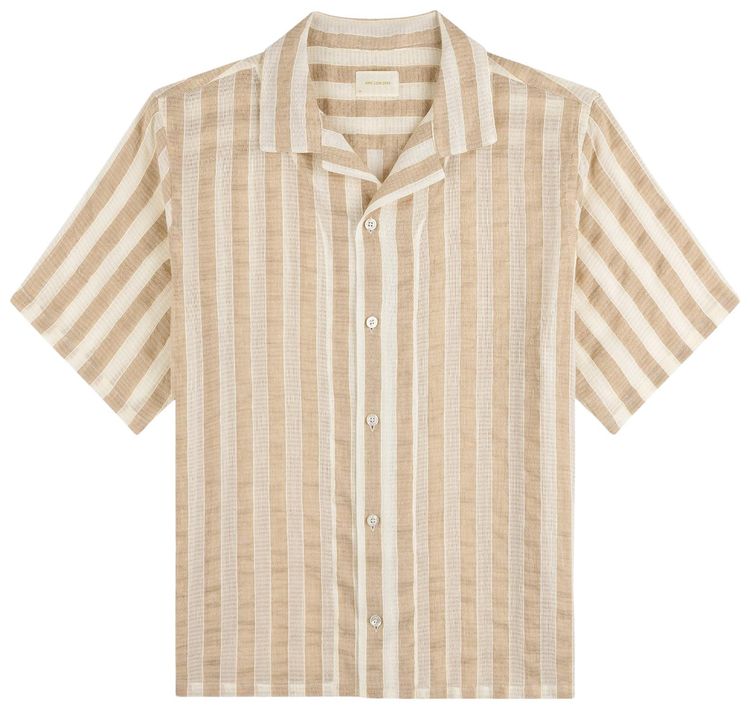 Aime Leon Dore Linen Blend Striped Camp Shirt KhakiWhite Stripe