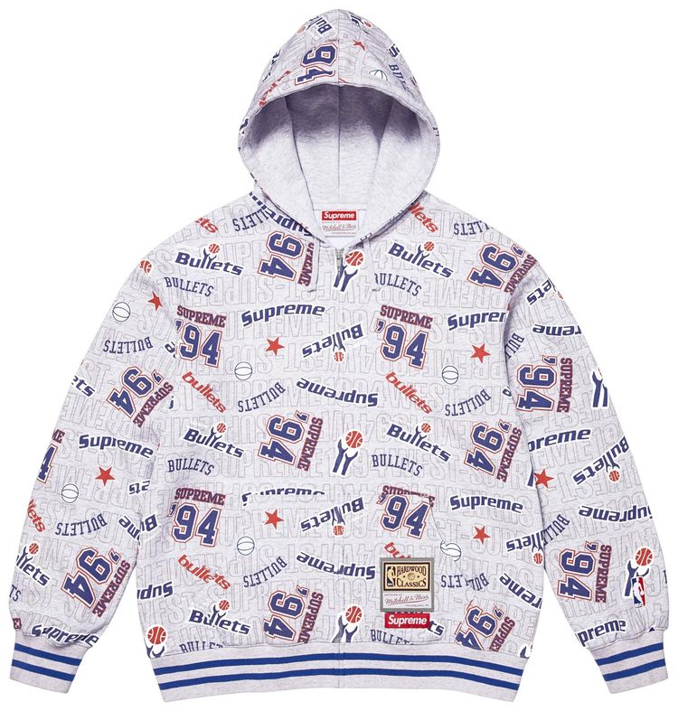 Supreme x Mitchell  Ness Teams Zip Up Hooded Sweatshirt Ash Grey