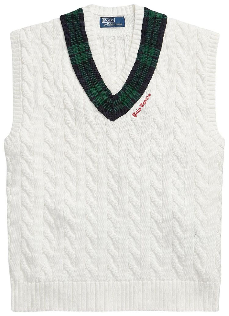 Polo Ralph Lauren Sleeveless Cotton Cable Stitch V Neck Cricket Sweater Vest Cream Combo