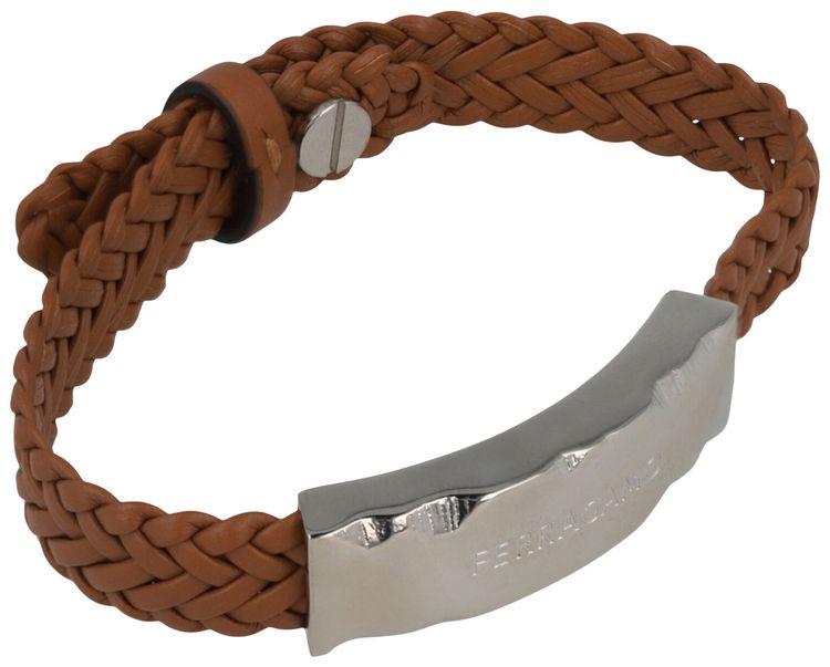 Ferragamo Braided Leather Logo Bracelet Silver