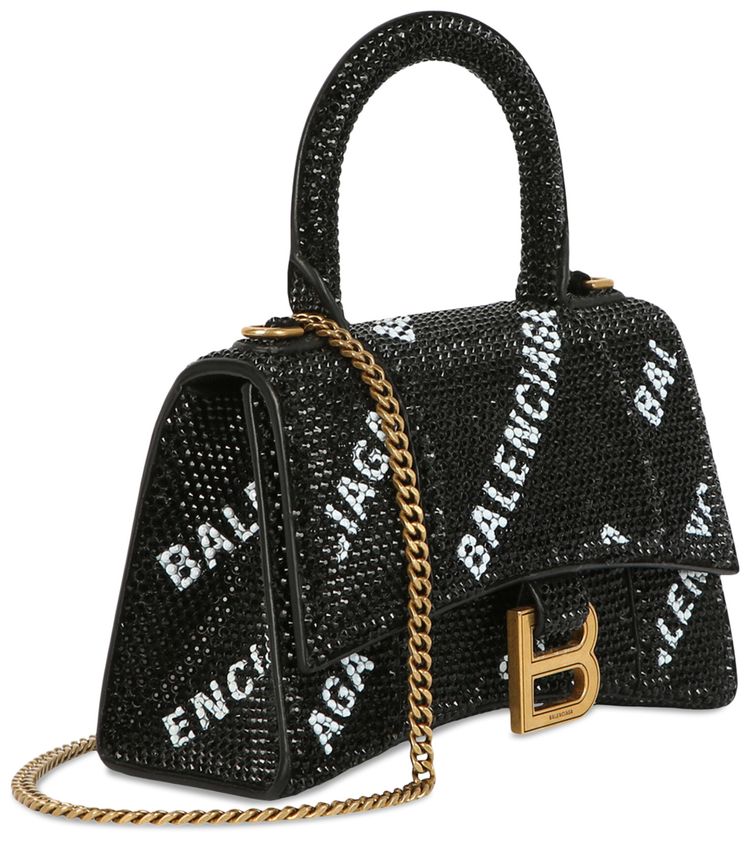 Balenciaga Hourglass XS Top Handle Bag With Allover Logo Strass BlackWhite