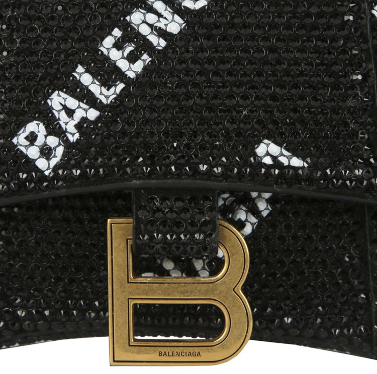 Balenciaga Hourglass XS Top Handle Bag With Allover Logo Strass BlackWhite