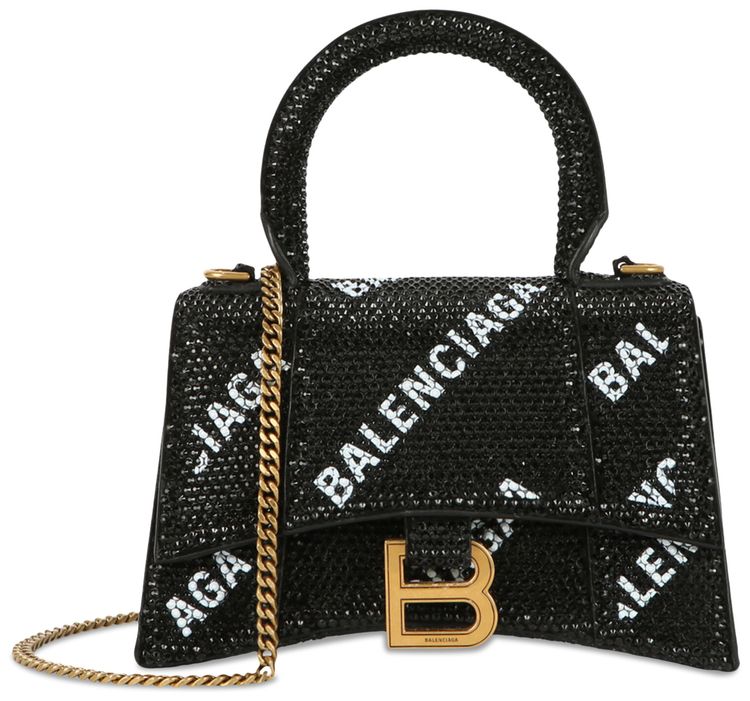 Balenciaga Hourglass XS Top Handle Bag With Allover Logo Strass BlackWhite