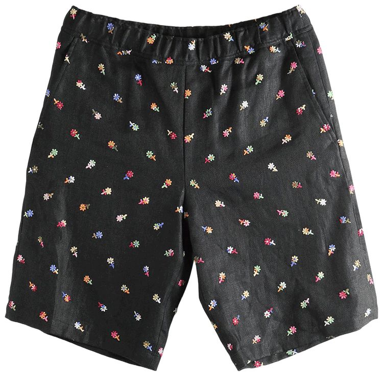 vowels Floral Embroidered Easy Shorts Black