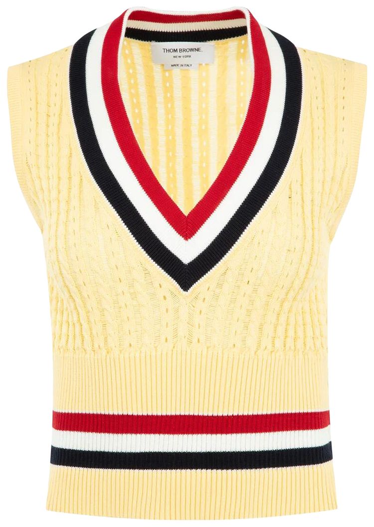 Thom Browne Ladder Cable Shrunken V Neck Pullover Vest Light Yellow