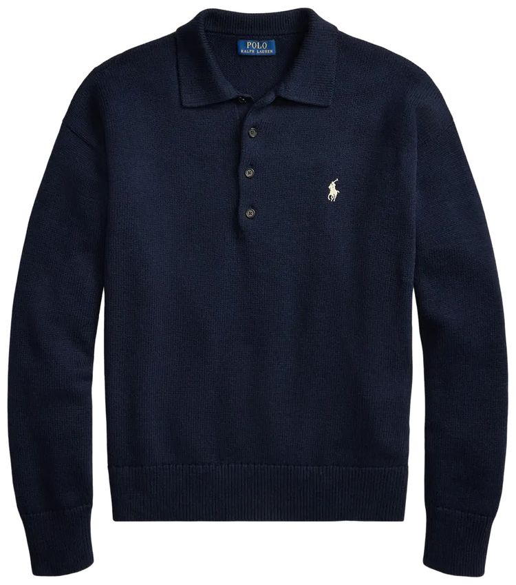 Polo Ralph Lauren Novelty Flag 4 Button Placket Pullover Sweater Navy Combo