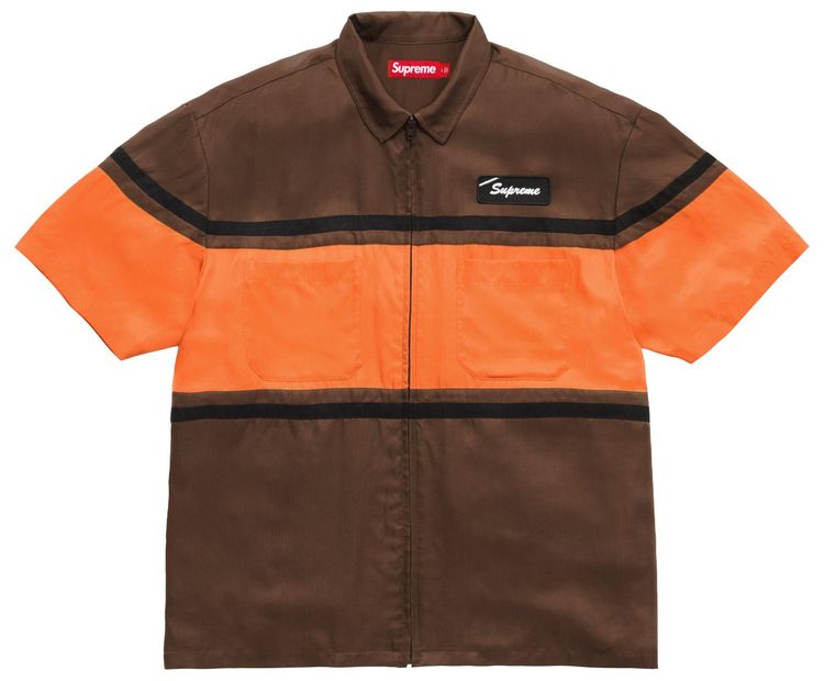Supreme Silk Zip Up Short Sleeve Shirt Brown