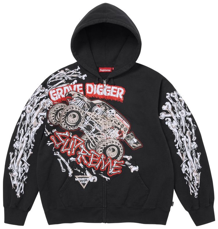 Supreme Monster Jam Grave Digger Bones Zip Up Hooded Sweatshirt Black