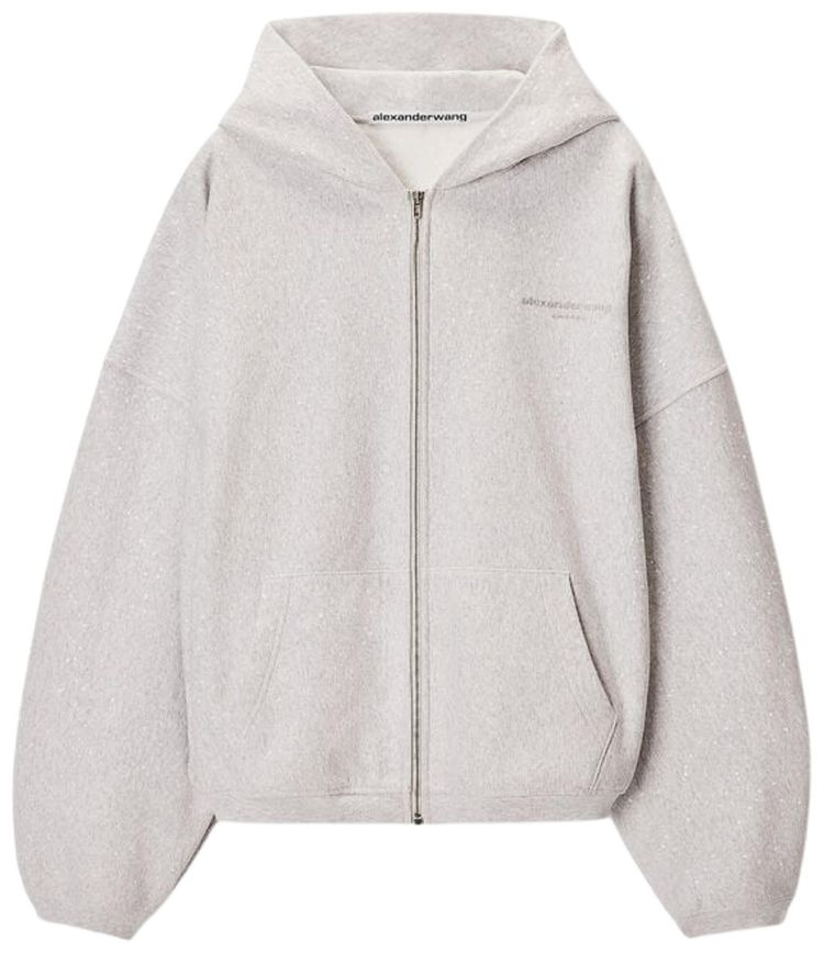 Alexander Wang Allover Hotfix Oversized Zip Up Hoodie Light Heather Grey