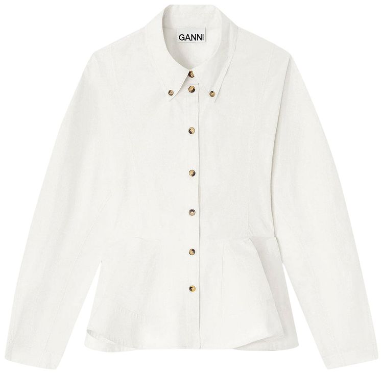 GANNI Stretch Cotton Peplum Shirt Egret