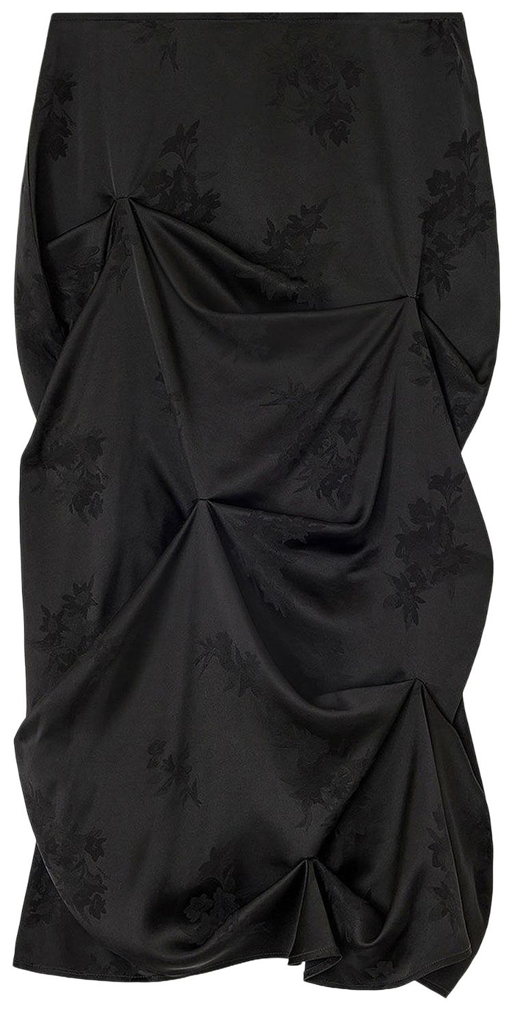 GANNI Fluid Satin Jacquard Tuck Detail Long Skirt Black