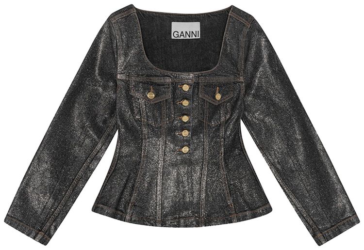 GANNI Shimmery Foil Denim Fitted Blazer Washed BlackBlack