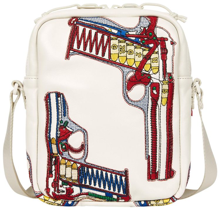 Supreme Guns Embroidered Leather Shoulder Bag White