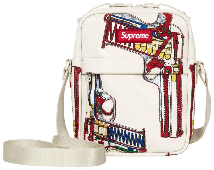 Supreme Guns Embroidered Leather Shoulder Bag White