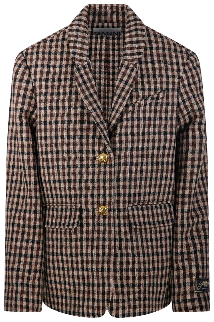 GANNI Check Wool Mix Oversized Blazer Chicory Coffee