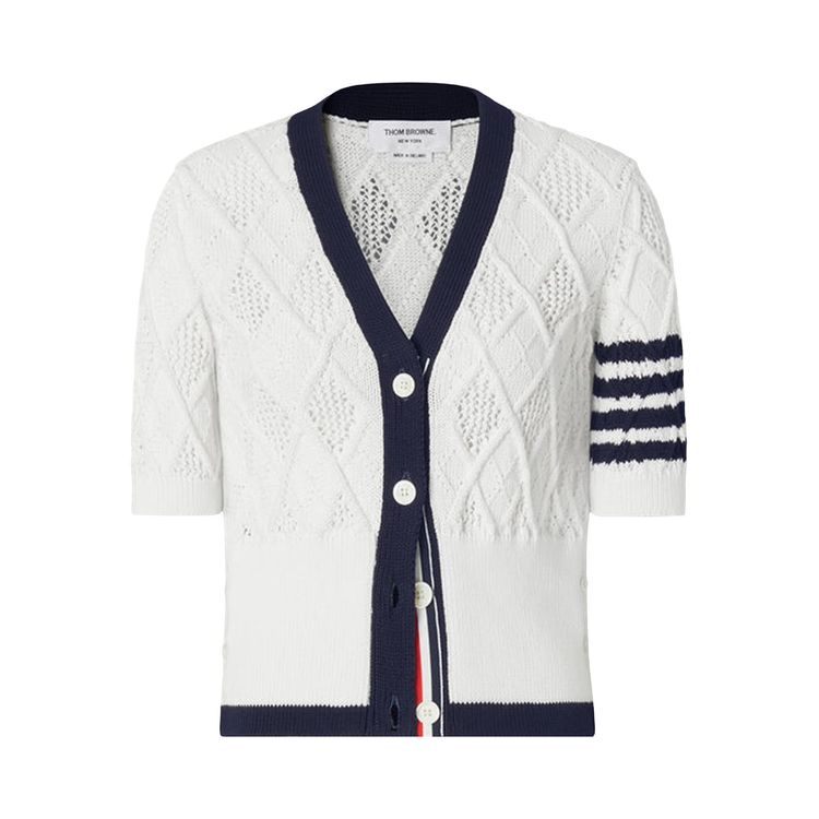 Thom Browne Argyle Pointelle Cable Classic Fit Short Sleeve V Neck Cardigan White