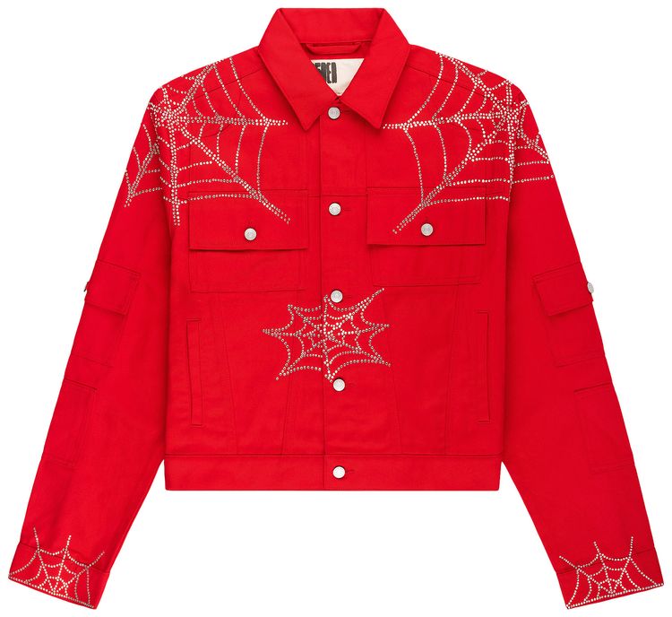 Sp5der Web Denim Cropped Trucker Jacket Red
