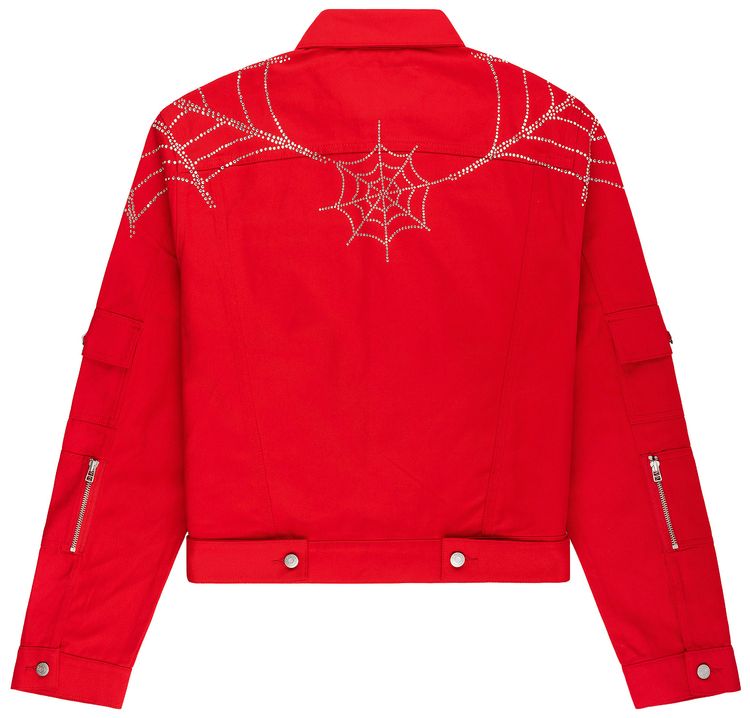 Sp5der Web Denim Cropped Trucker Jacket Red