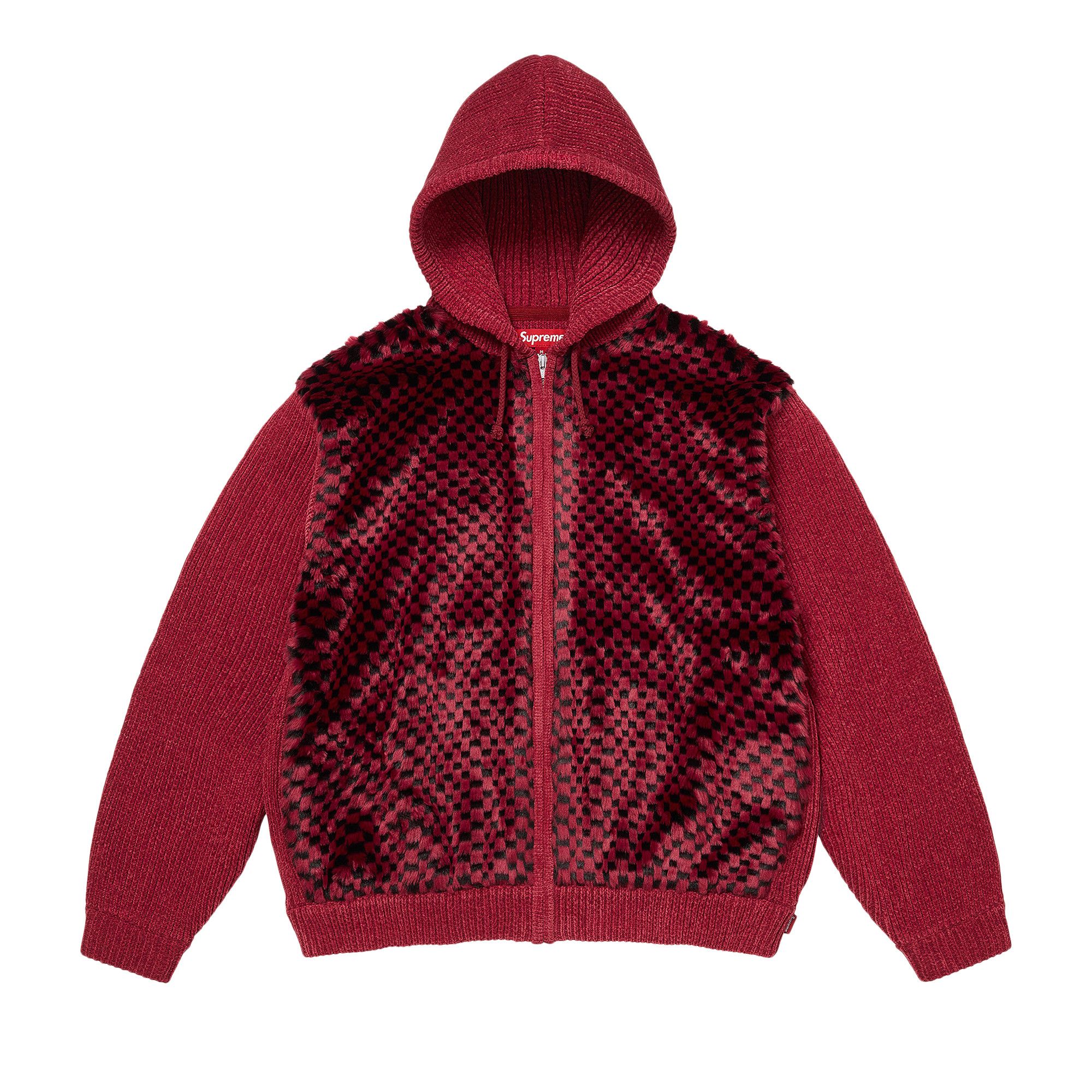 Buy Supreme Checkerboard Faux Fur Zip Up Hooded Sweater 'Red