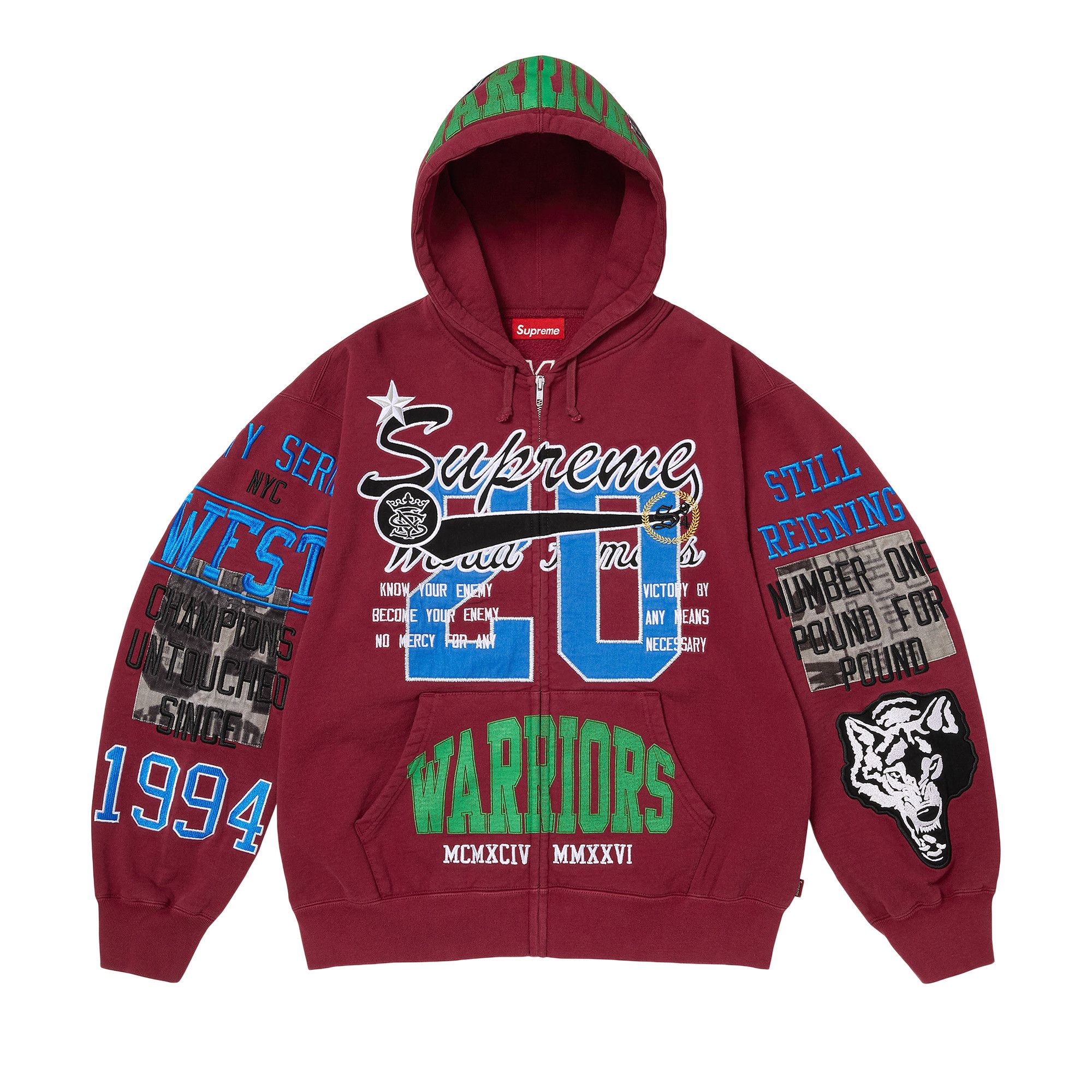 Buy Supreme Warriors Appliqué Zip Up Hooded Sweatshirt 'Cardinal