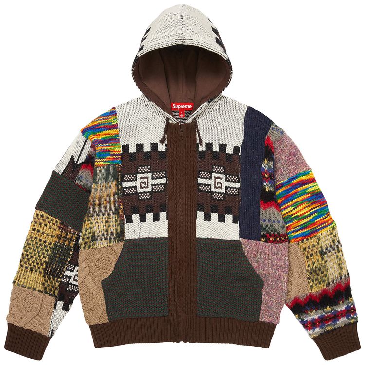 Supreme Patchwork Zip Up Hooded Sweater Brown