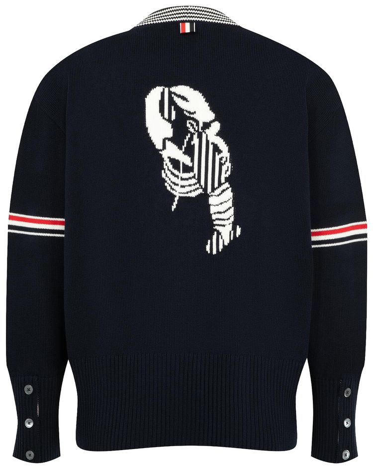Thom Browne Lobster Jersey Stitch V Neck Cardigan In Cotton With RWB Stripe Navy