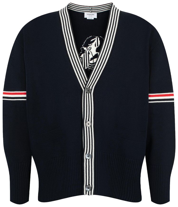 Thom Browne Lobster Jersey Stitch V Neck Cardigan In Cotton With RWB Stripe Navy