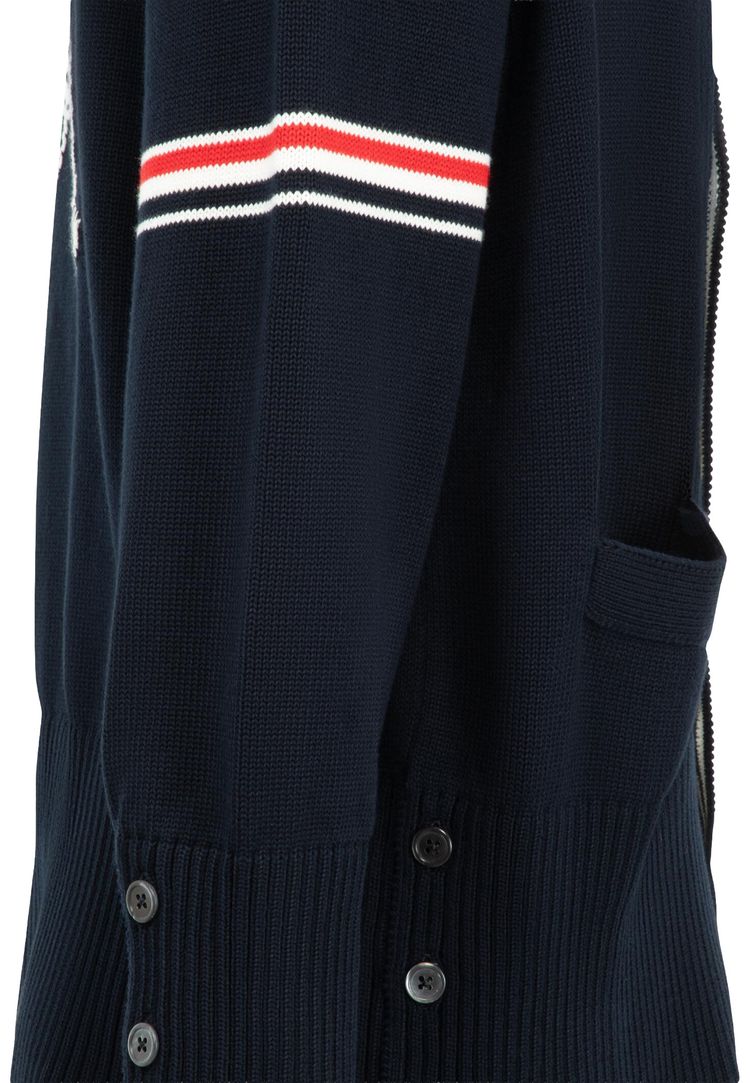 Thom Browne Lobster Jersey Stitch V Neck Cardigan In Cotton With RWB Stripe Navy