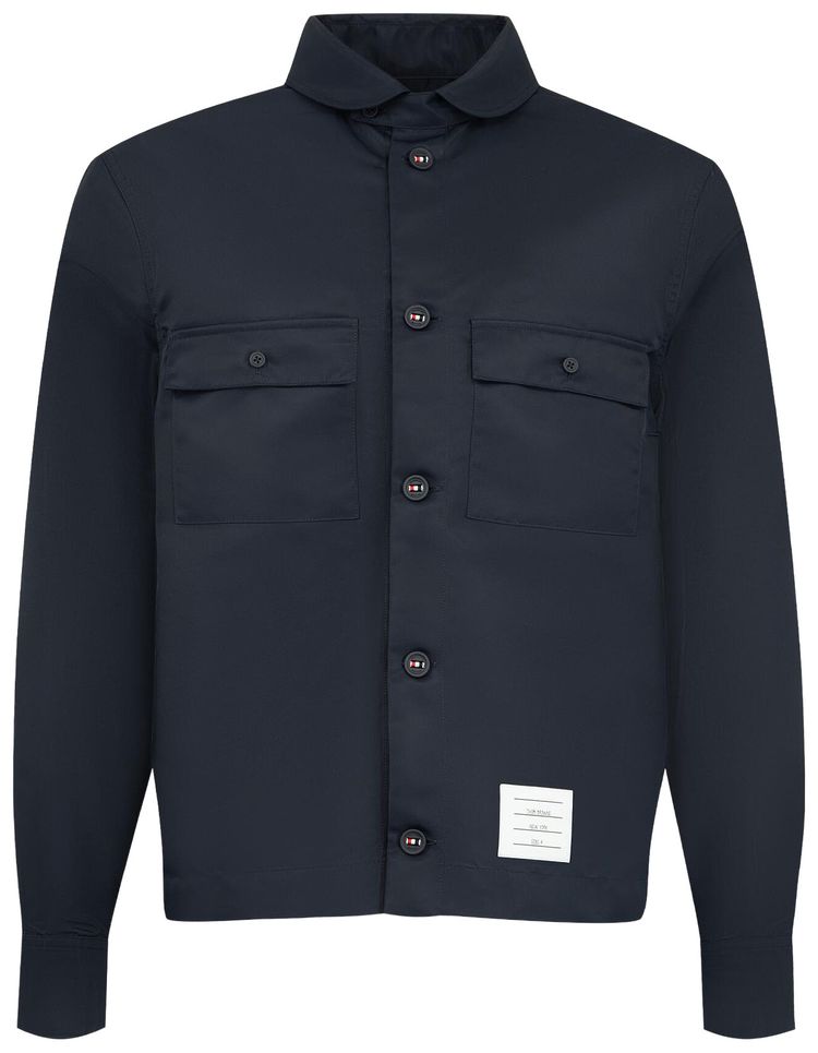 Thom Browne Shawl Collar Patch Pocket Long Sleeve Shirt In Twill Flight Tech Navy