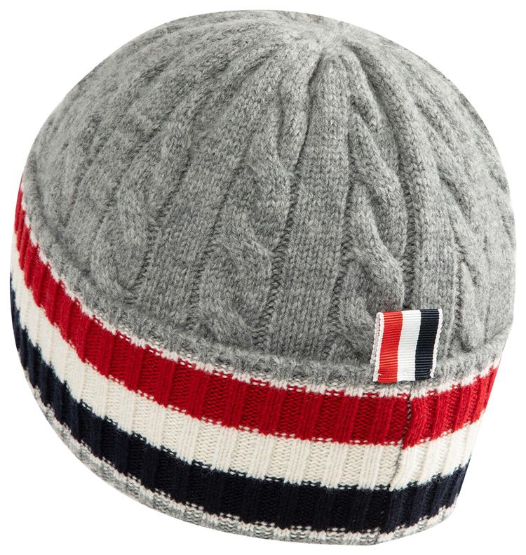Thom Browne Cable And Rib Beanie In Merino Wool W RWB Stripe Light Grey