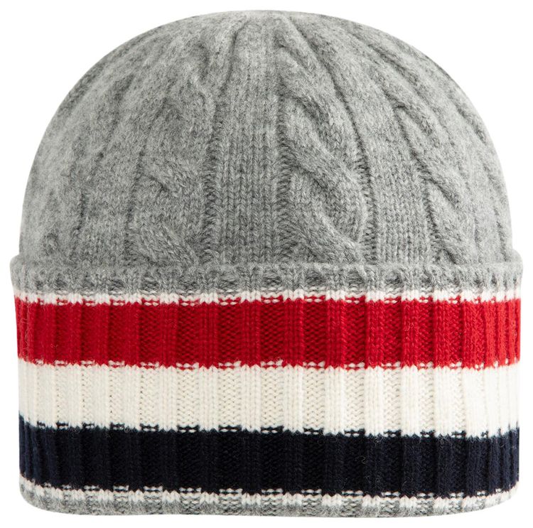 Thom Browne Cable And Rib Beanie In Merino Wool W RWB Stripe Light Grey