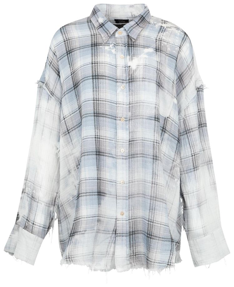 R13 Shredded Seam Drop Neck Shirt Blue Bleached Plaid