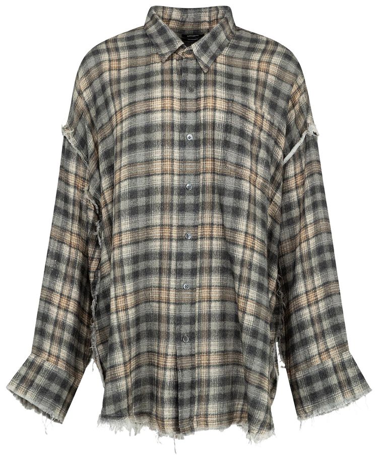 R13 Shredded Seam Drop Neck Shirt GreyCream Plaid