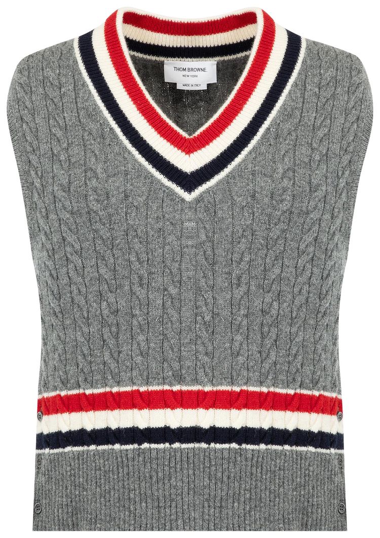 Thom Browne Cable V Neck Cricket Pullover Vest Medium Grey