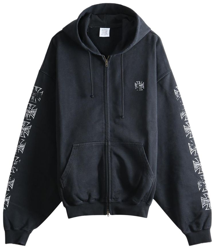 Vetements Biker Cross Sleeves Zip Up Hoodie Washed Black