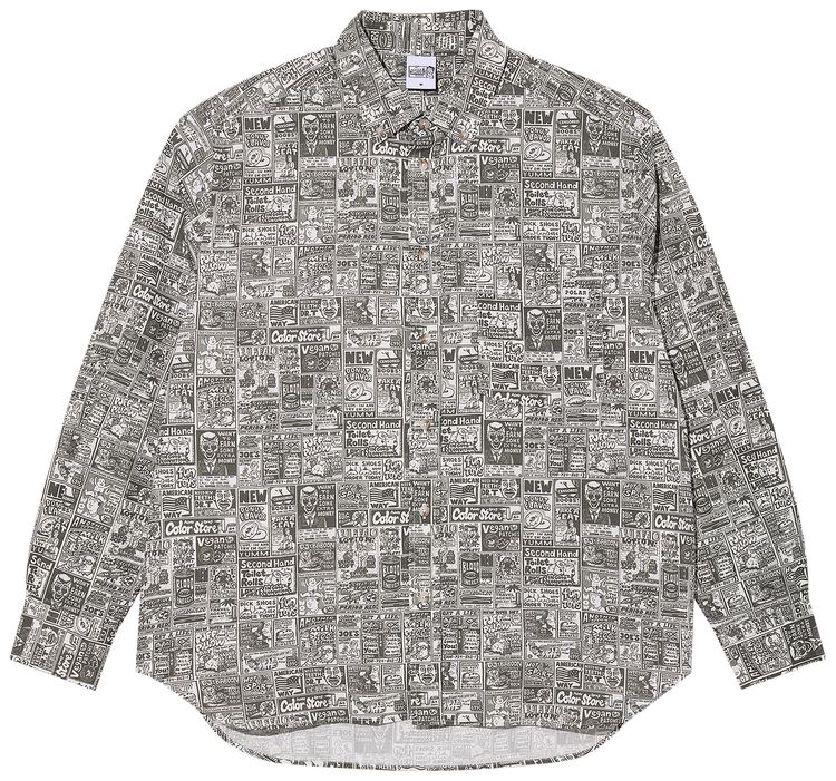 Polar Skate Co Ben Long Sleeve Newspaper Shirt Light Grey