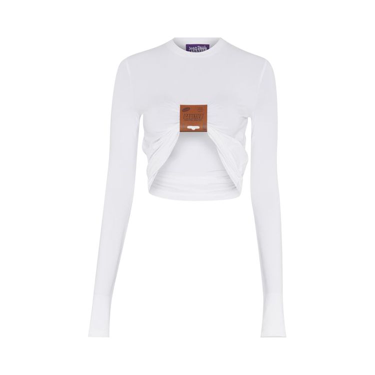 Jean Paul Gaultier Stretch Viscose Jersey Long Sleeves Top With Leather Tag Detail White