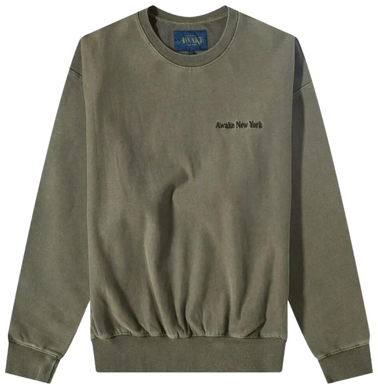 Awake NY Pigment Dyed Logo Embroidered Crewneck Sweatshirt Moss Green