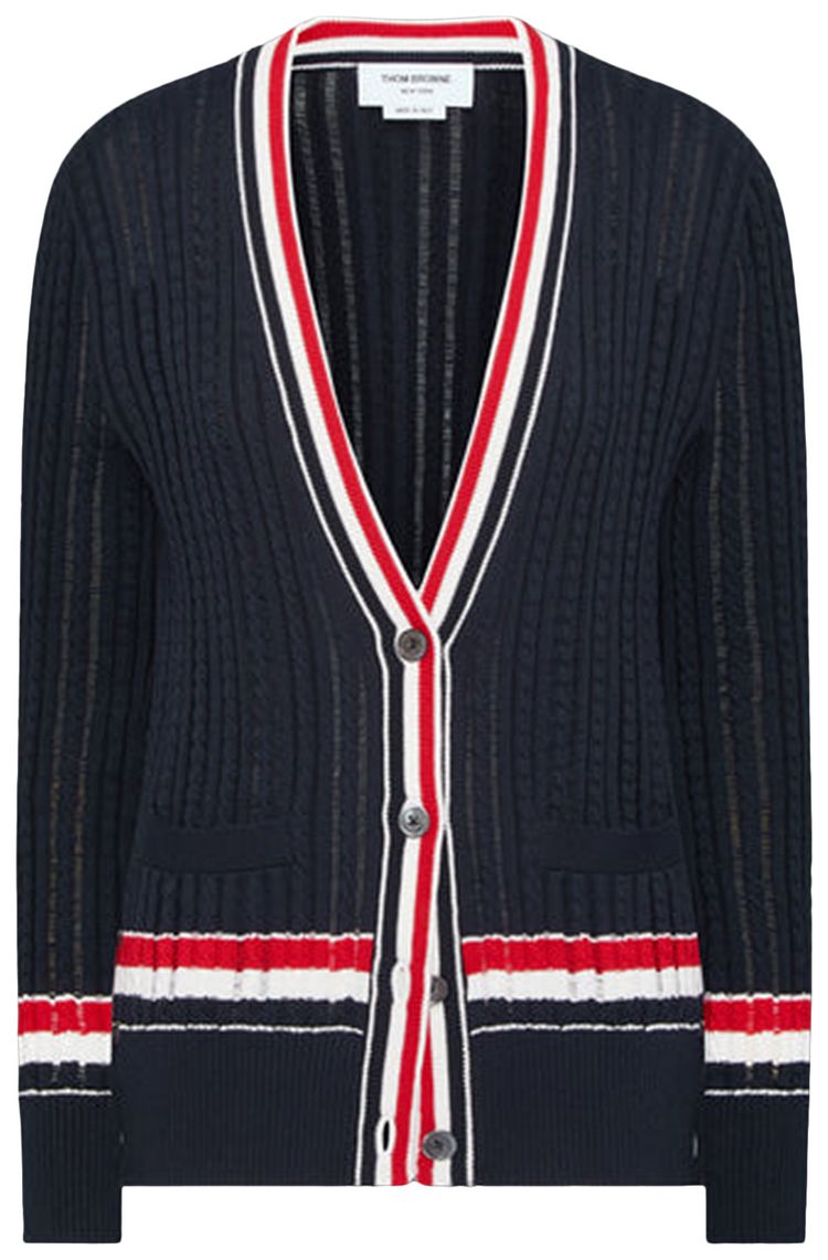 Thom Browne Neck Elongated RWB Stripe Cardigan Navy