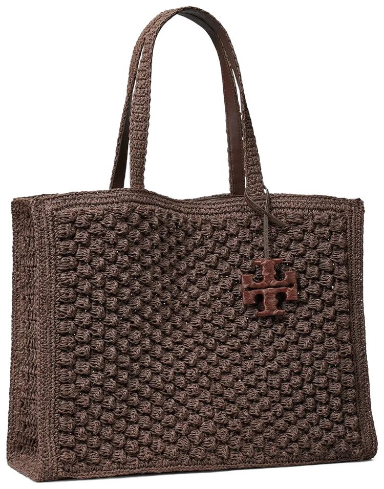 Tory Burch Ella Hand Crocheted Popcorn Large Tote Bag Dark Cocoa